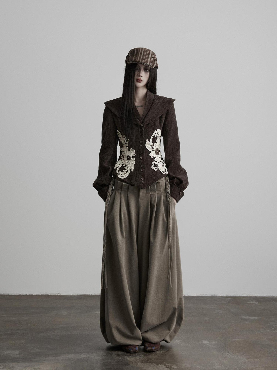 INDULGE Waist Cinched Casual Button Lapel Sleeve Stretch Women Brown Cropped Jackets