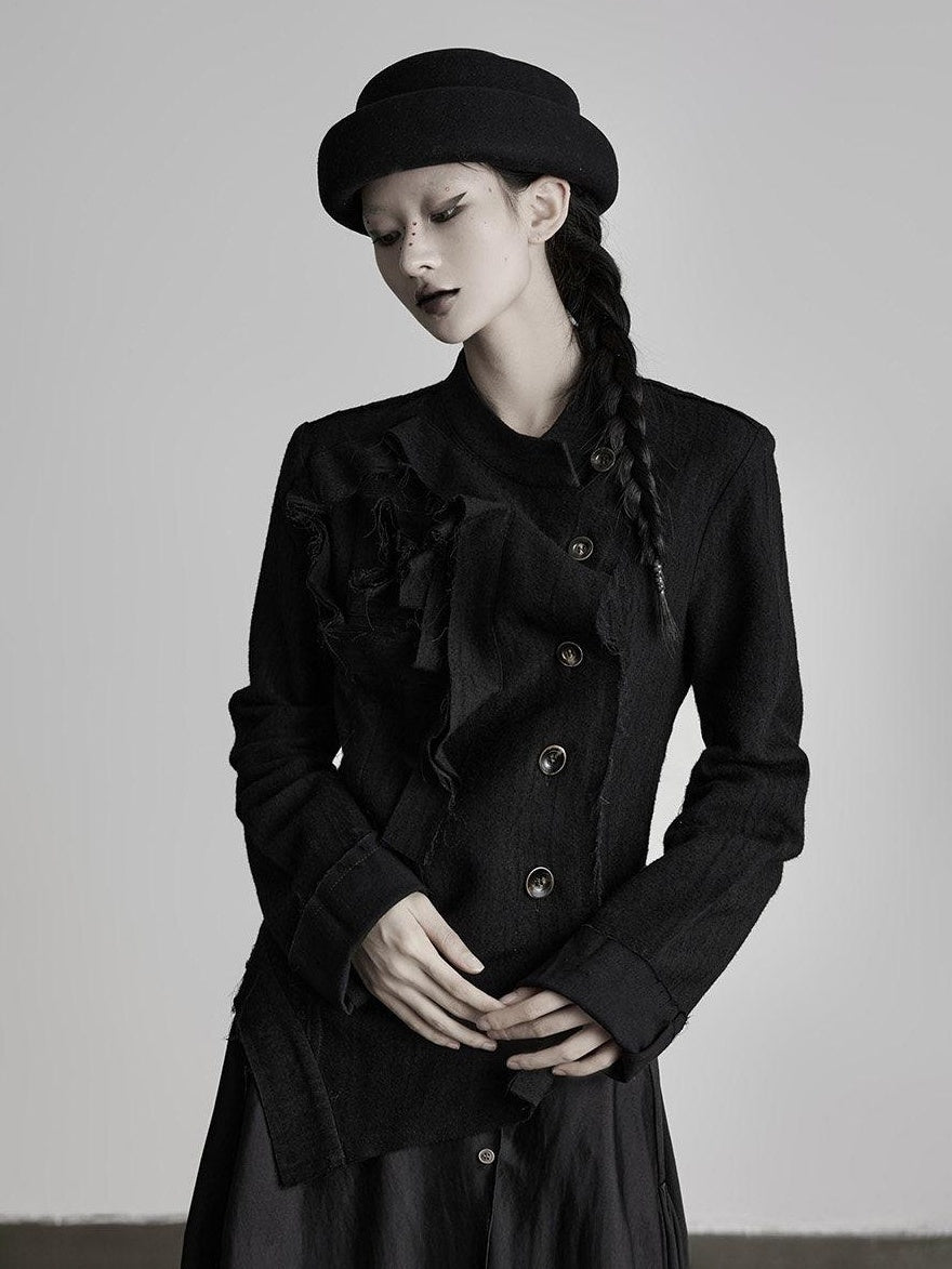 INDULGE Vestes courtes asymétriques en laine brossée chaude pour femmes, noires, à col montant.