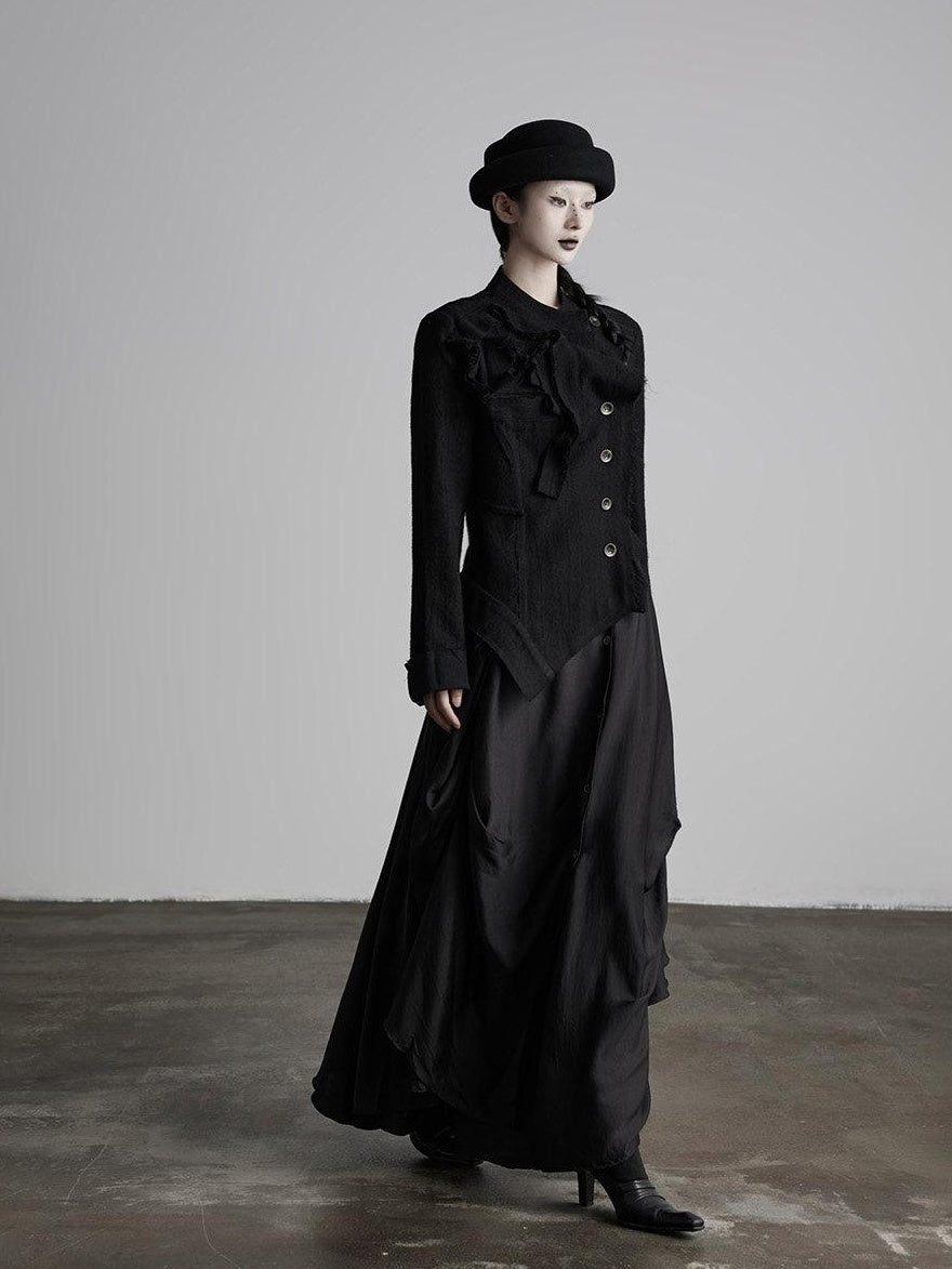 INDULGE Vestes courtes asymétriques en laine brossée chaude pour femmes, noires, à col montant.
