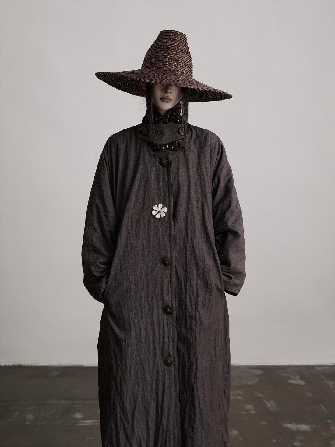 INDULGE Warm Cotton Lined Vintage Commuter Loose Button Collar Women Grey Trench Coats