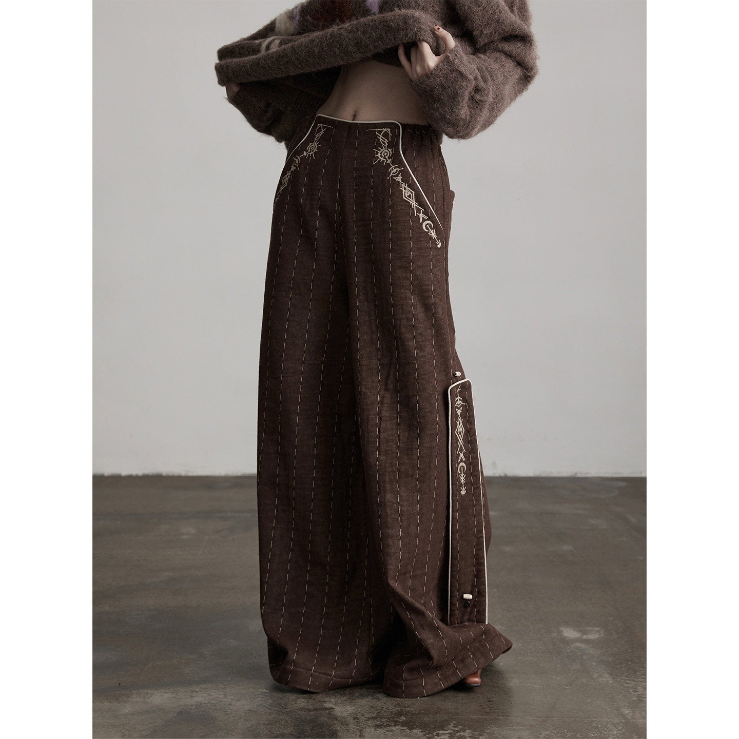 INDULGE Warm Fleece Gothic Striped Pocket Loose Natural Waist Women Wide-Leg Pants