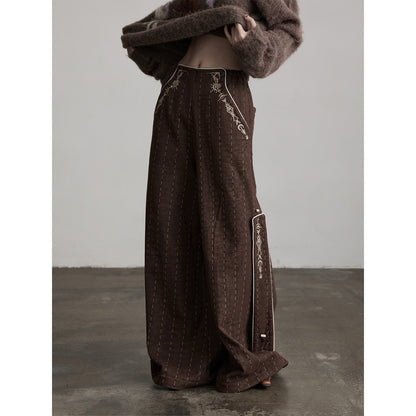 INDULGE Warm Fleece Gothic Striped Pocket Loose Natural Waist Women Wide-Leg Pants