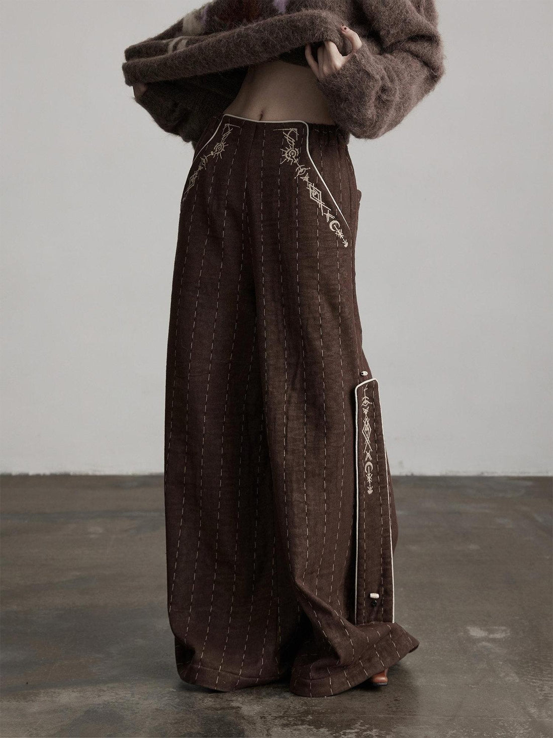 INDULGE Warm Fleece Gothic Striped Pocket Loose Natural Waist Women Wide-Leg Pants