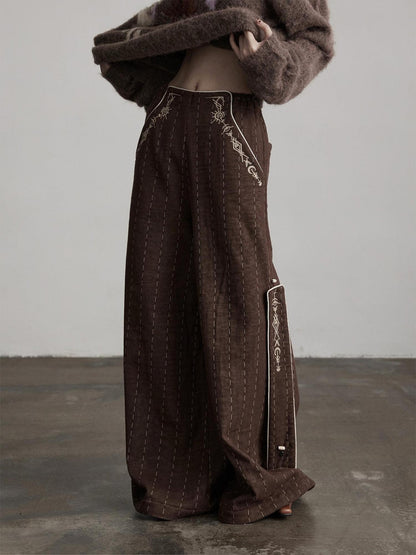 INDULGE Warm Fleece Gothic Striped Pocket Loose Natural Waist Women Wide-Leg Pants
