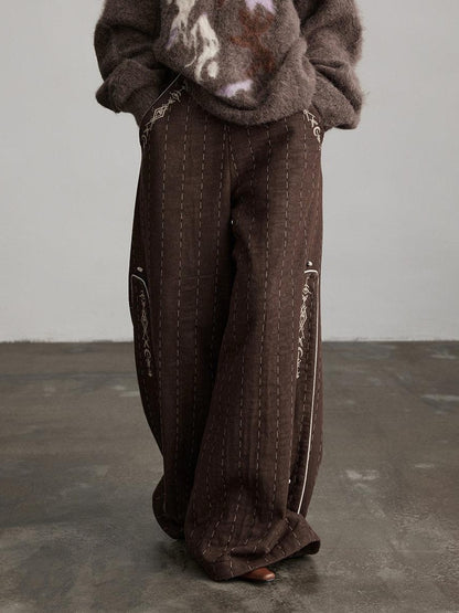 INDULGE Warm Fleece Gothic Striped Pocket Loose Natural Waist Women Wide-Leg Pants