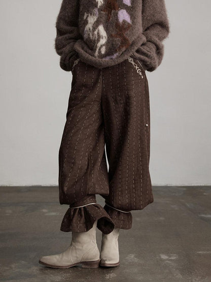 INDULGE Warm Fleece Gothic Striped Pocket Loose Natural Waist Women Wide-Leg Pants