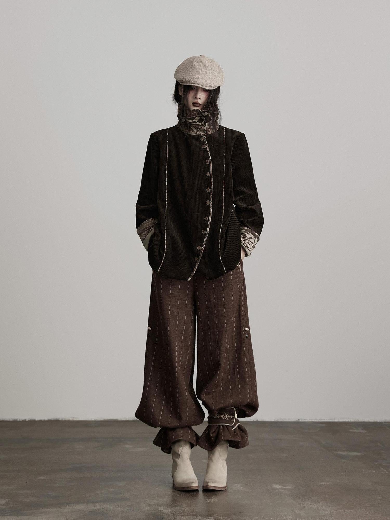 INDULGE Warm Fleece Gothic Striped Pocket Loose Natural Waist Women Wide-Leg Pants