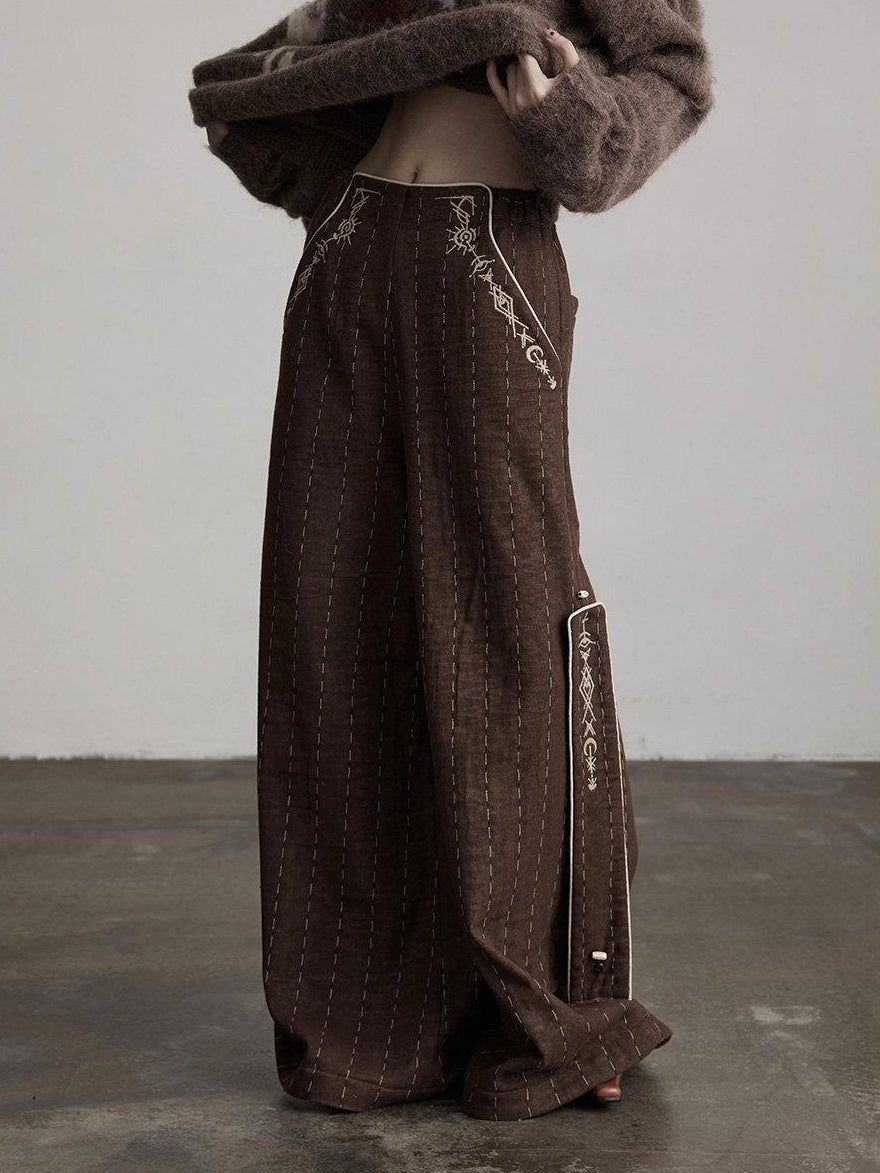 INDULGE Warm Fleece Gothic Striped Pocket Loose Natural Waist Women Wide-Leg Pants