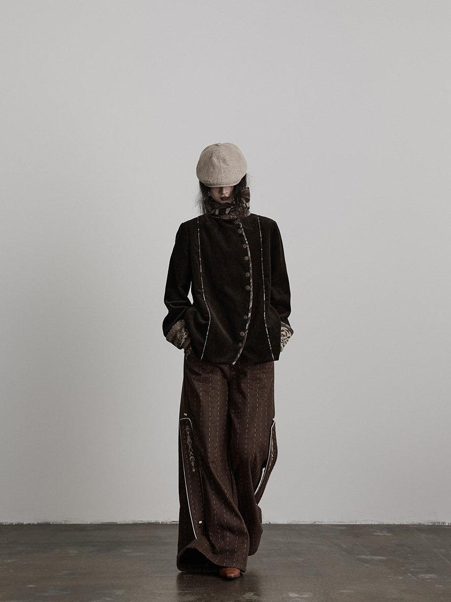 INDULGE Warm Fleece Gothic Striped Pocket Loose Natural Waist Women Wide-Leg Pants