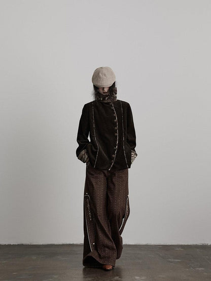 INDULGE Warm Fleece Gothic Striped Pocket Loose Natural Waist Women Wide-Leg Pants