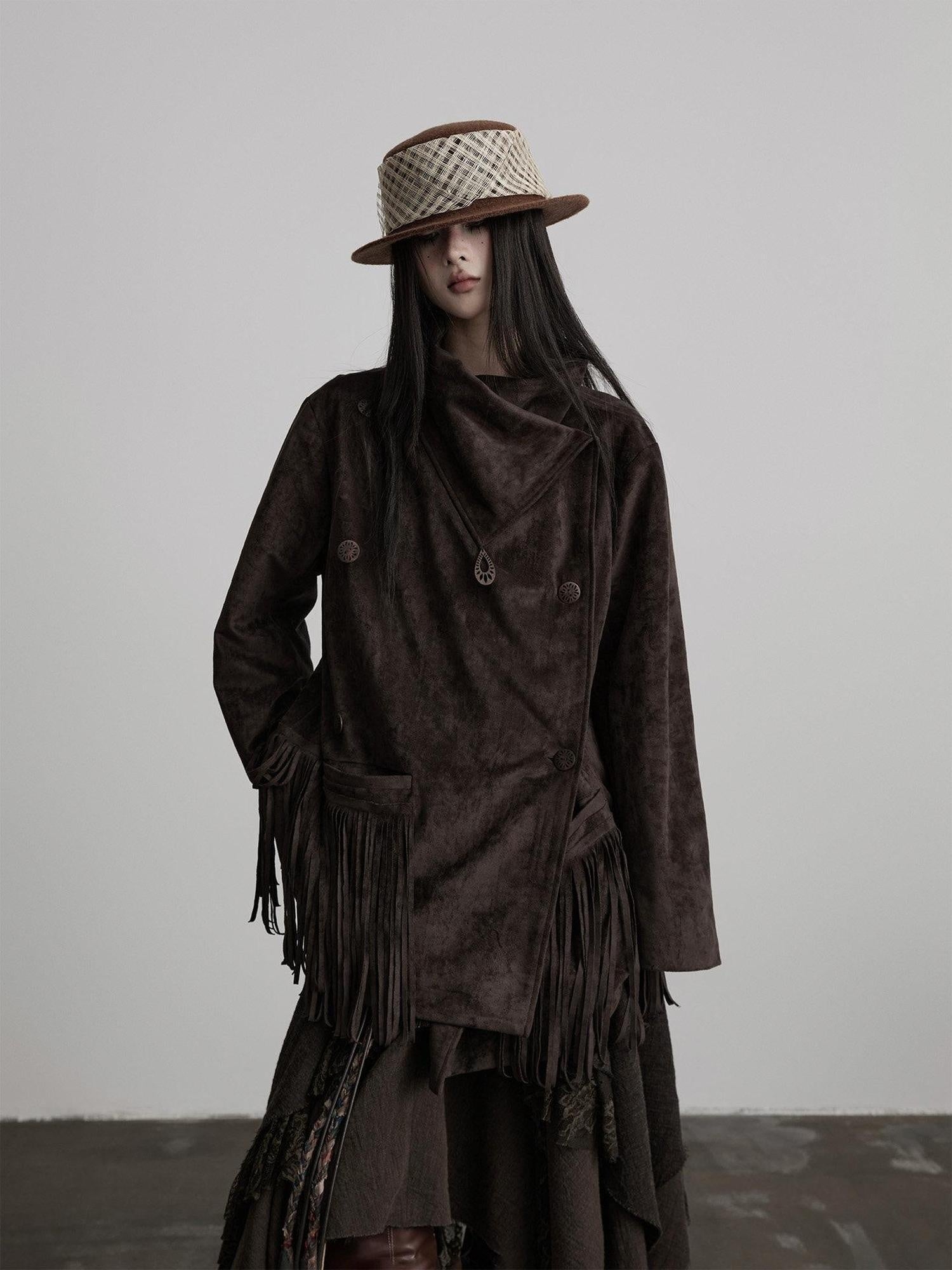 INDULGE Warm Oversized Dark Goth Fringe Women Poly Spandex Long Sleeve Casual Jackets