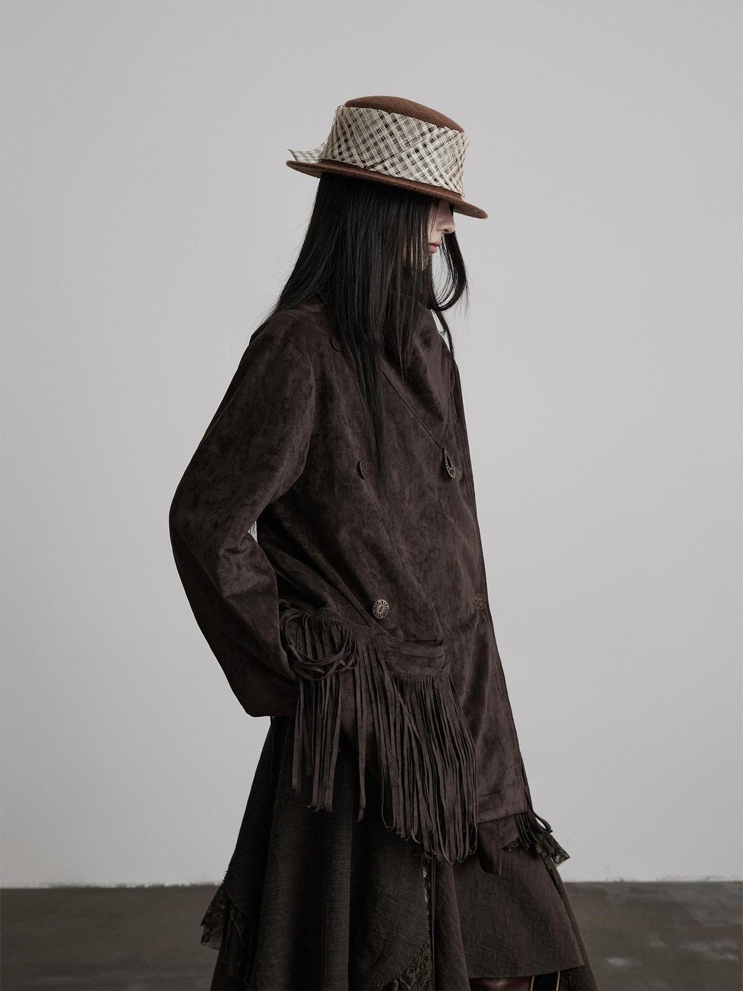 INDULGE Warm Oversized Dark Goth Fringe Women Poly Spandex Long Sleeve Casual Jackets