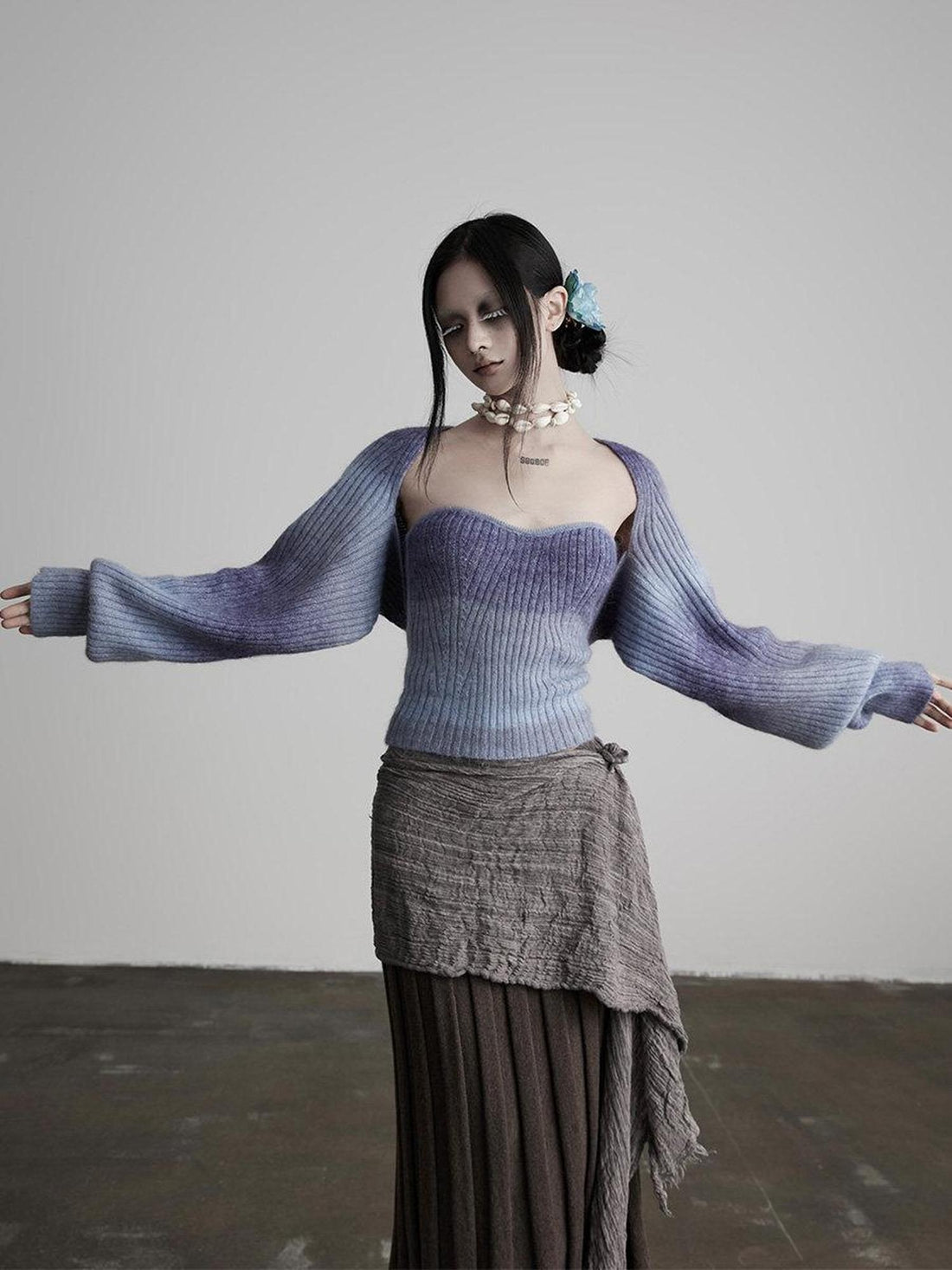 INDULGE Warm Slim Cropped Two Piece Women Blue Mohair Wool Knit Tank Tops