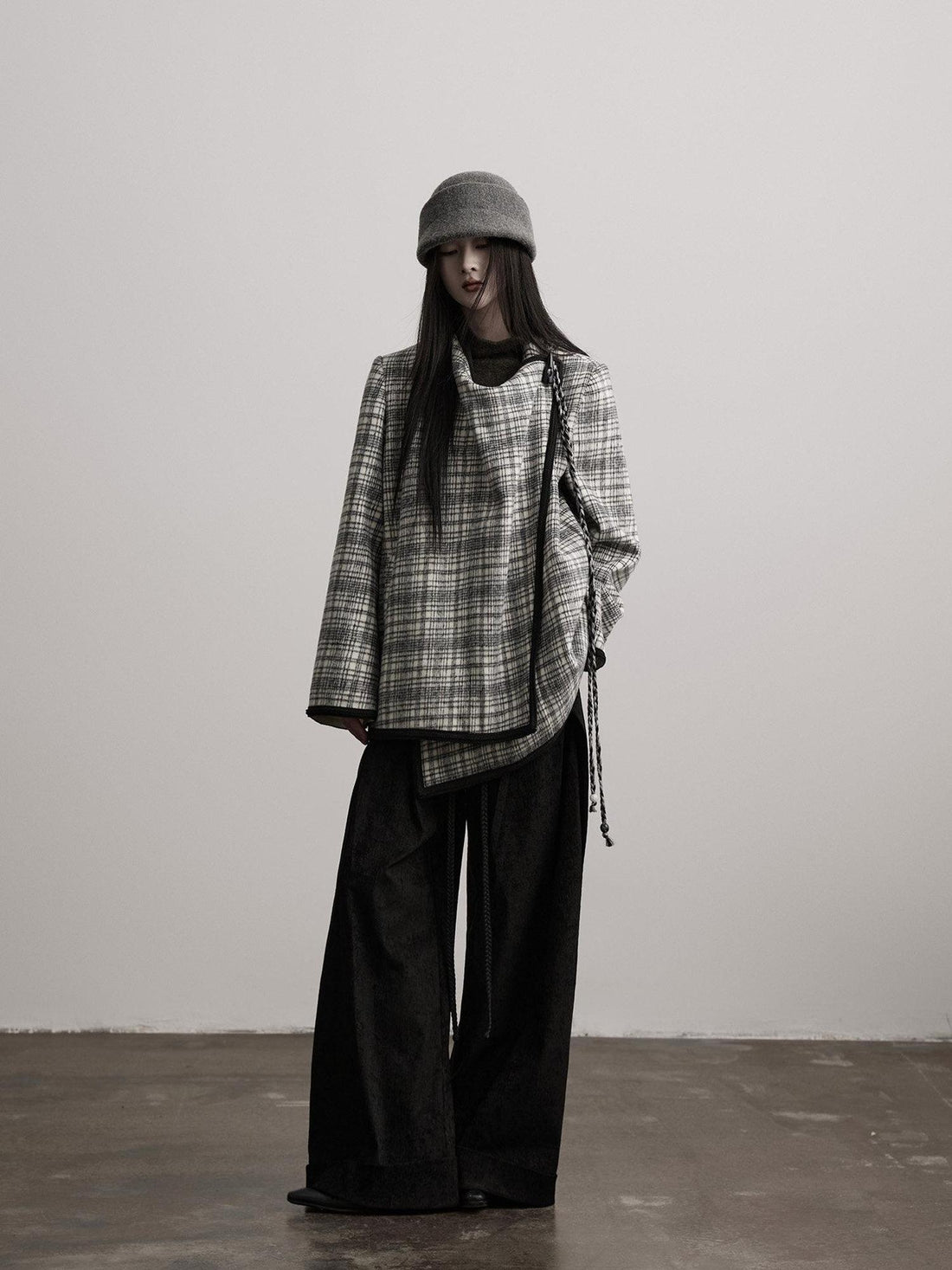 INDULGE Warm Wool Blend Commuter Loose Fit Lapel Women Black White Check Casual Jackets