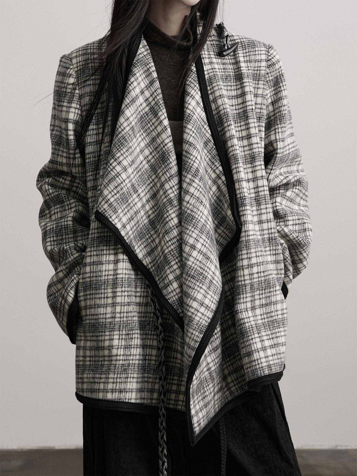 INDULGE Warm Wool Blend Commuter Loose Fit Lapel Women Black White Check Casual Jackets