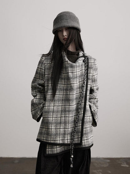 INDULGE Warm Wool Blend Commuter Loose Fit Lapel Women Black White Check Casual Jackets