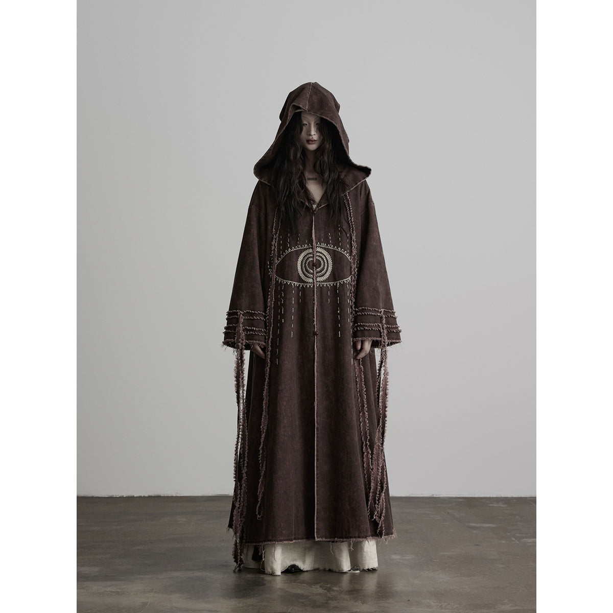 INDULGE_Washed_Red_Brown_Embroidered_Hooded_Long_Women&