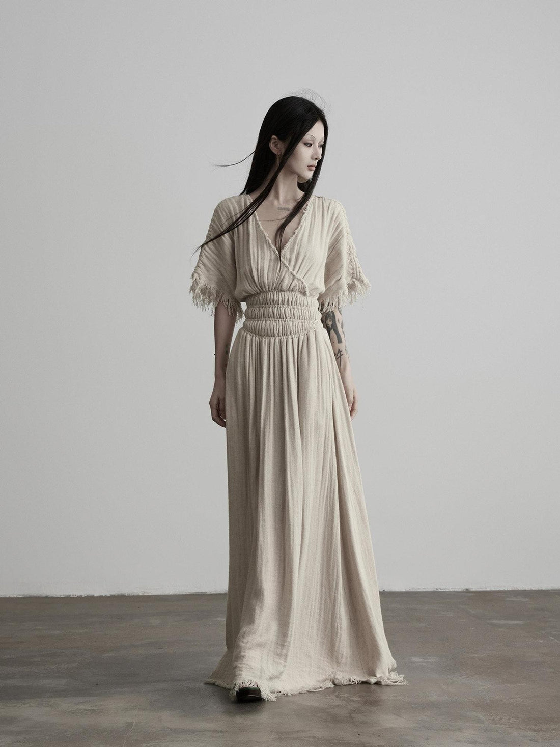 INDULGE Washed Tassel V-neck Cinched Waist Women&