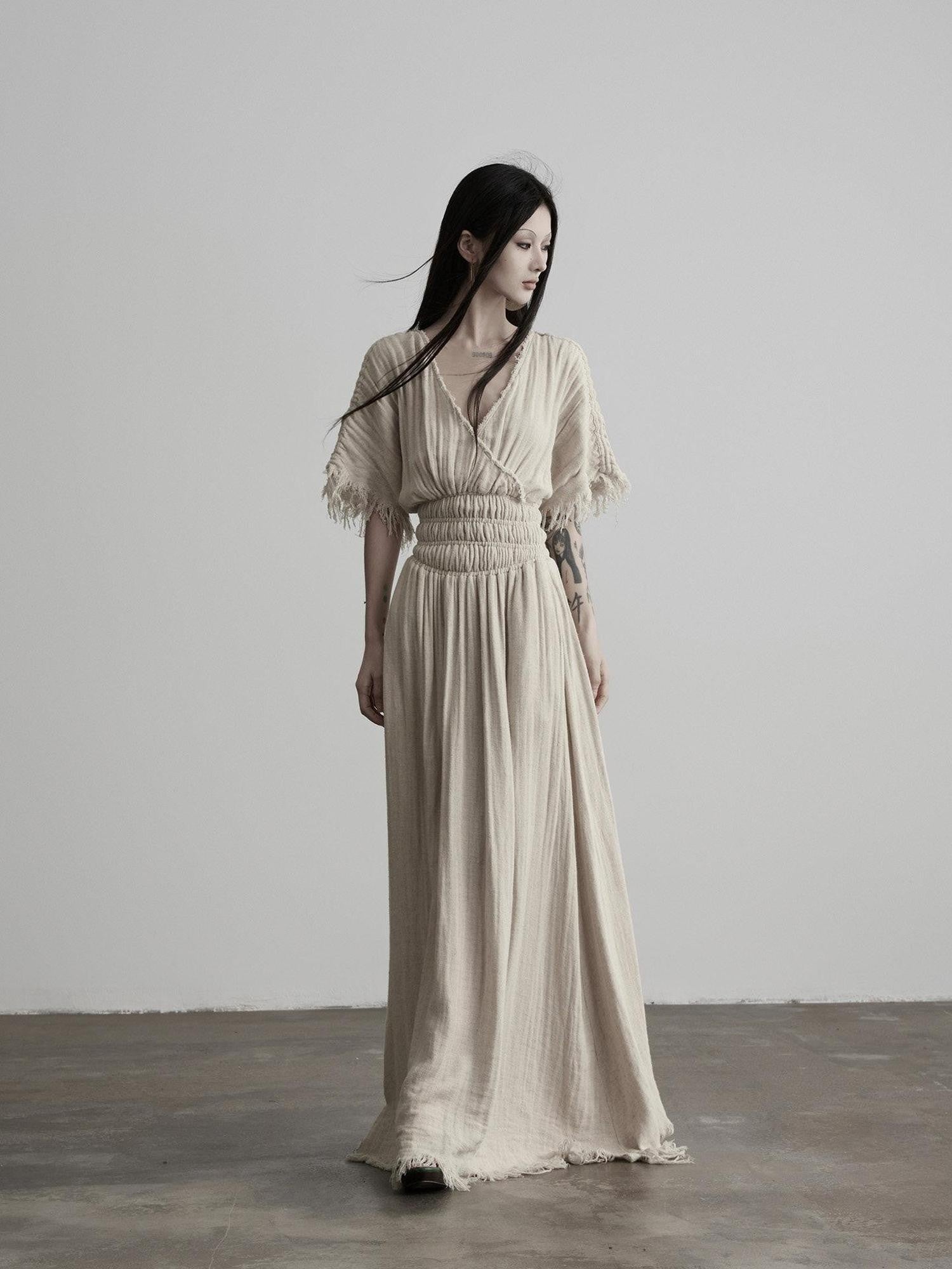 INDULGE Washed Tassel V-neck Cinched Waist Women&