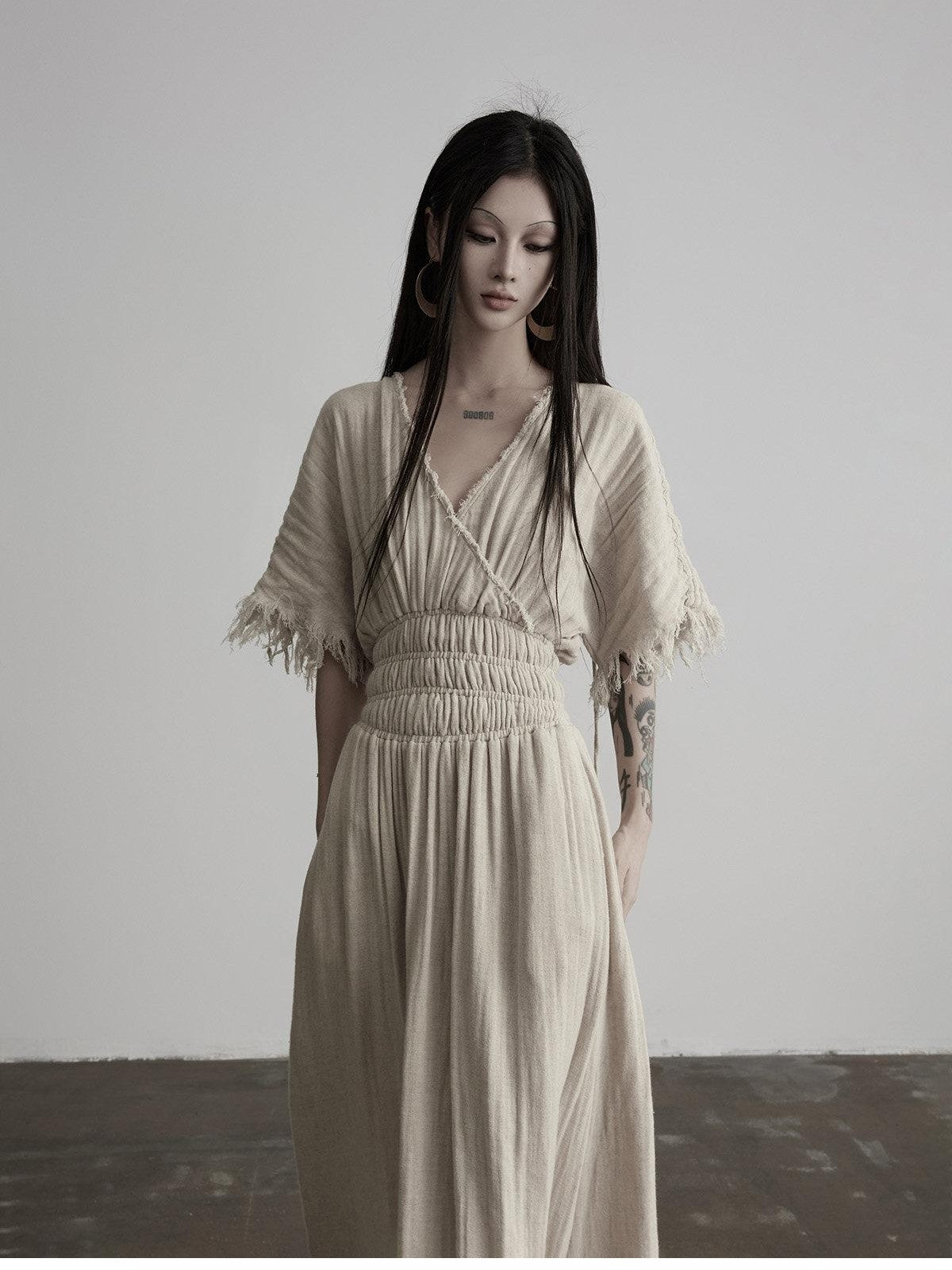INDULGE Washed Tassel V-neck Cinched Waist Women&