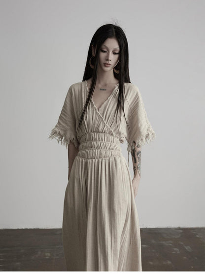 INDULGE Washed Tassel V-neck Cinched Waist Women&