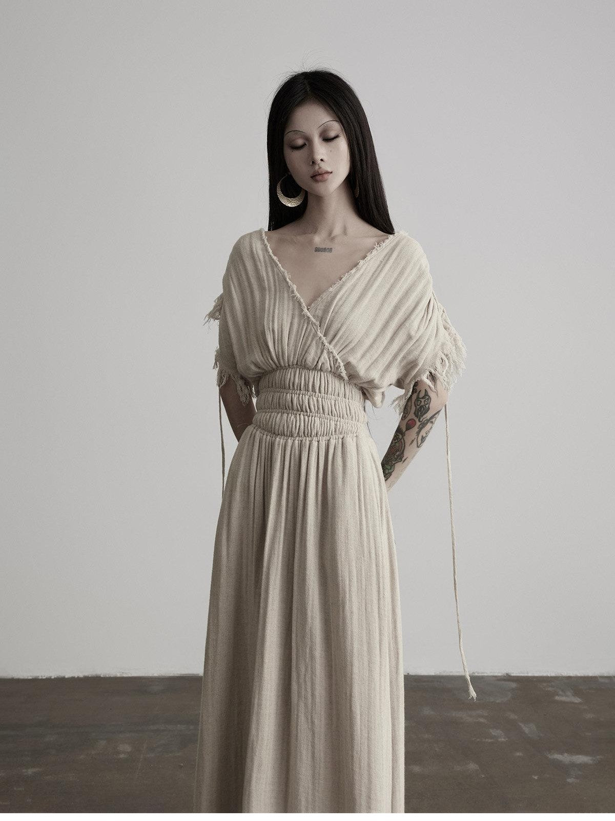 INDULGE Washed Tassel V-neck Cinched Waist Women&