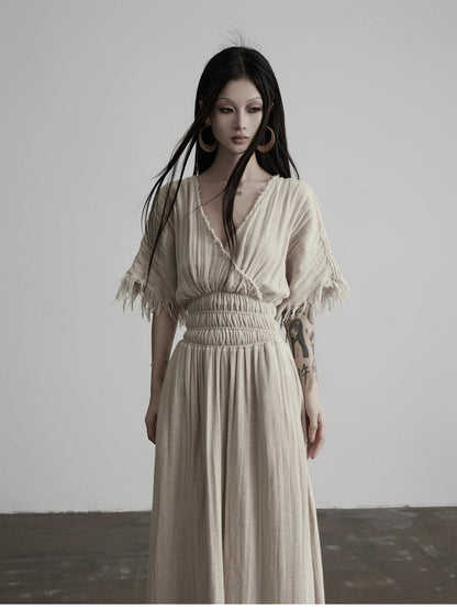 INDULGE Washed Tassel V-neck Cinched Waist Women&