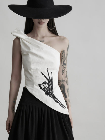 INDULGE_White_Embroidered_One_Shoulder_Asymmetric_Hem_Women&