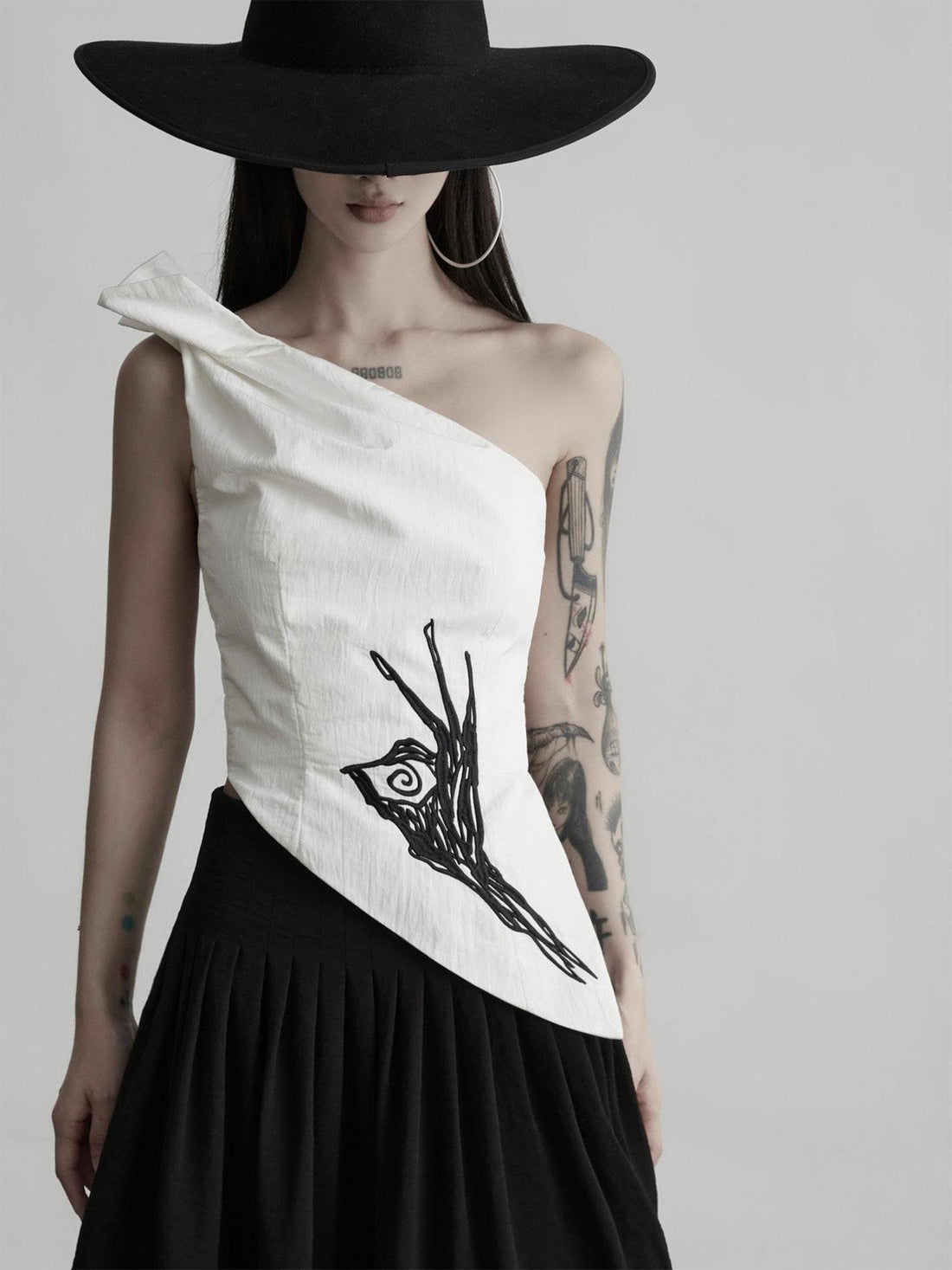 INDULGE White Embroidered One Shoulder Asymmetric Hem Women&