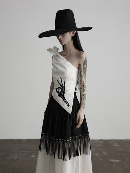 INDULGE White Embroidered One Shoulder Asymmetric Hem Women&