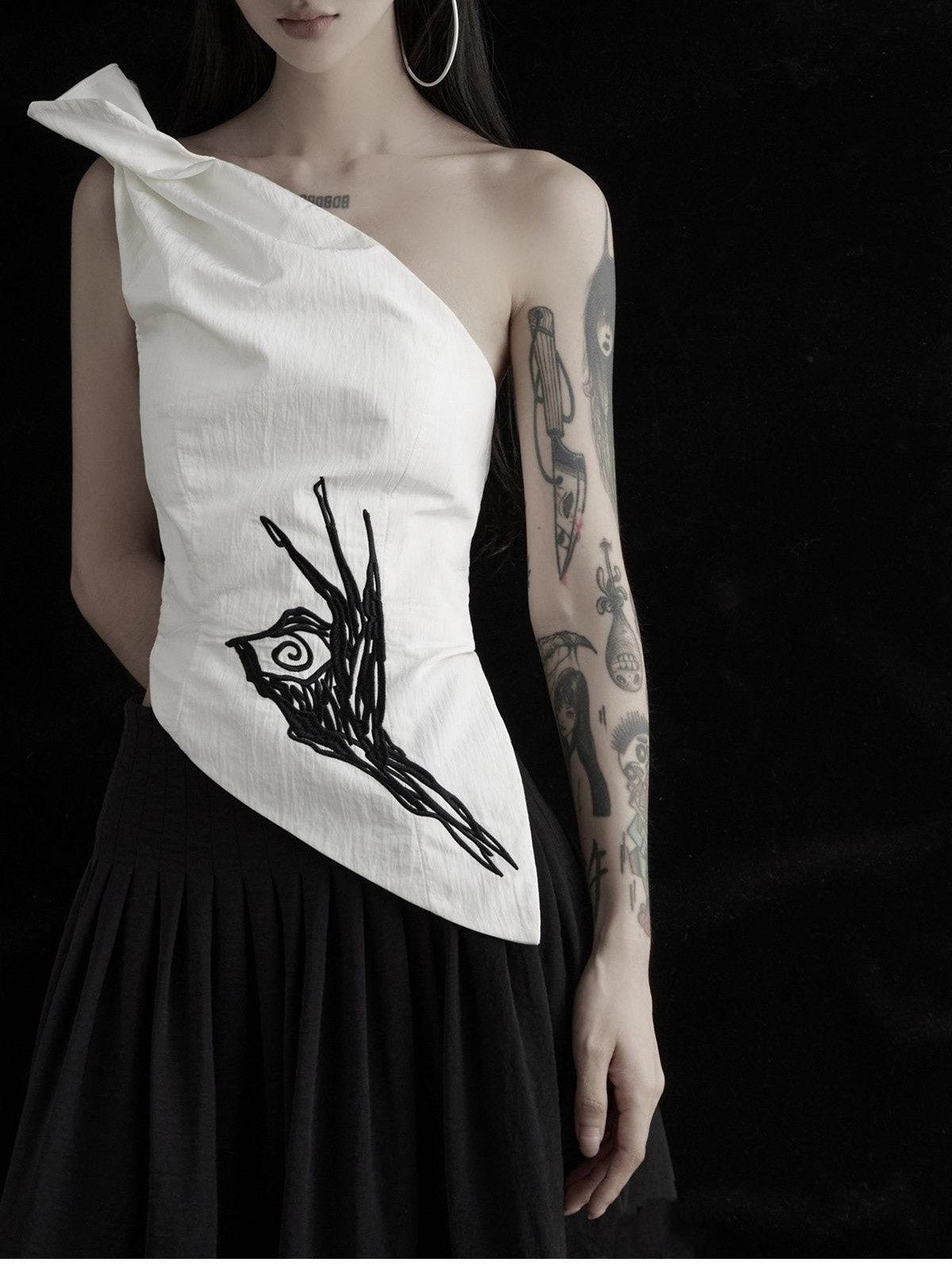 INDULGE White Embroidered One Shoulder Asymmetric Hem Women&