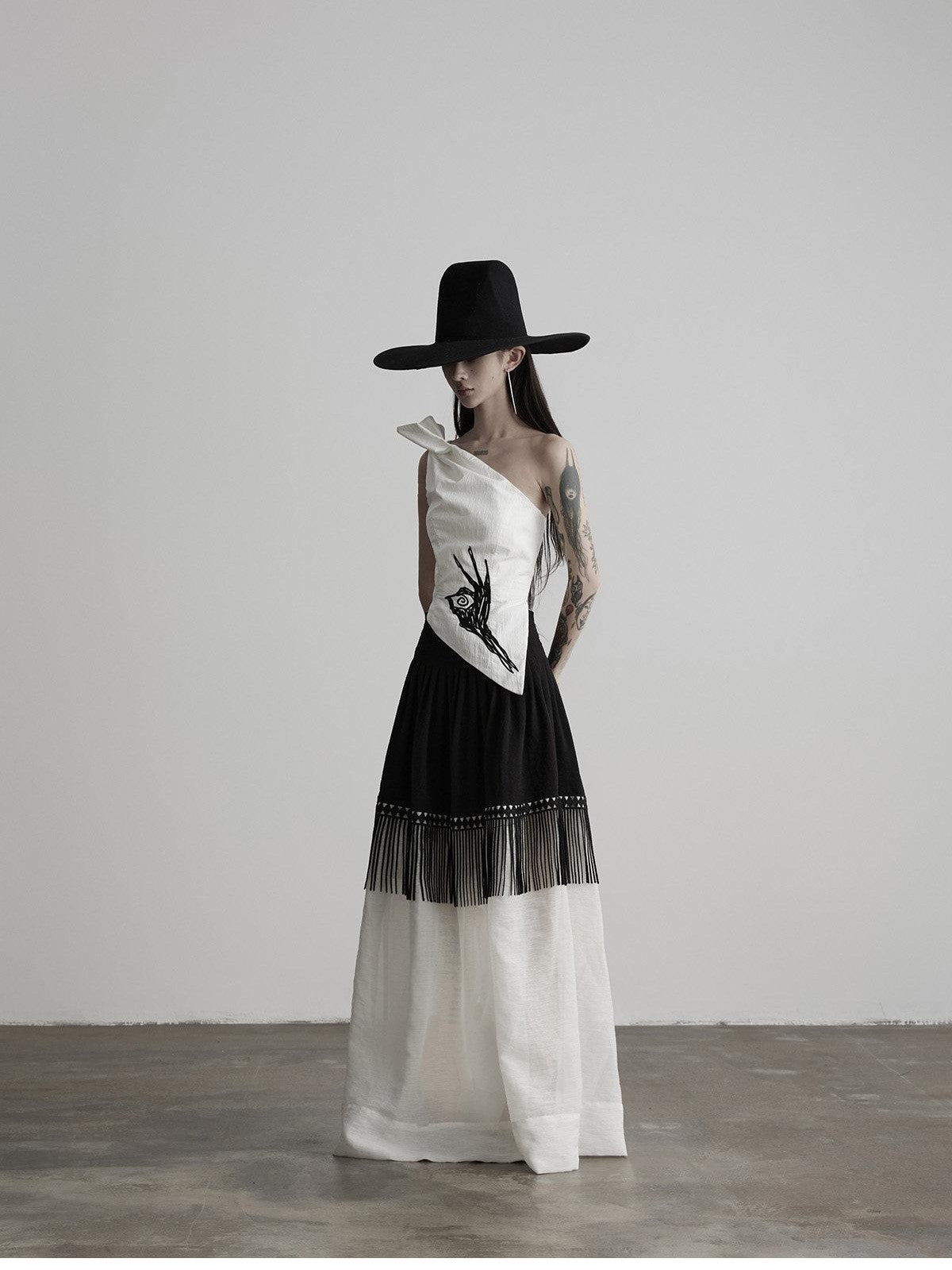 INDULGE White Embroidered One Shoulder Asymmetric Hem Women&