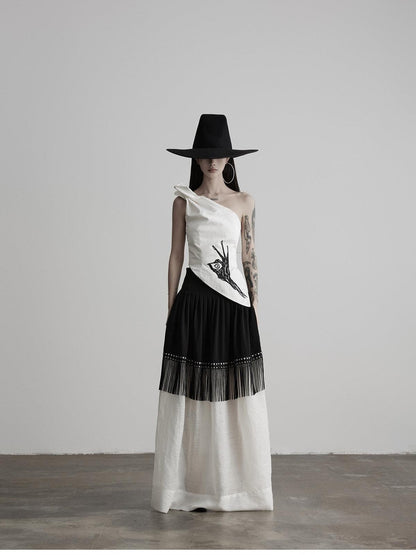 INDULGE White Embroidered One Shoulder Asymmetric Hem Women&