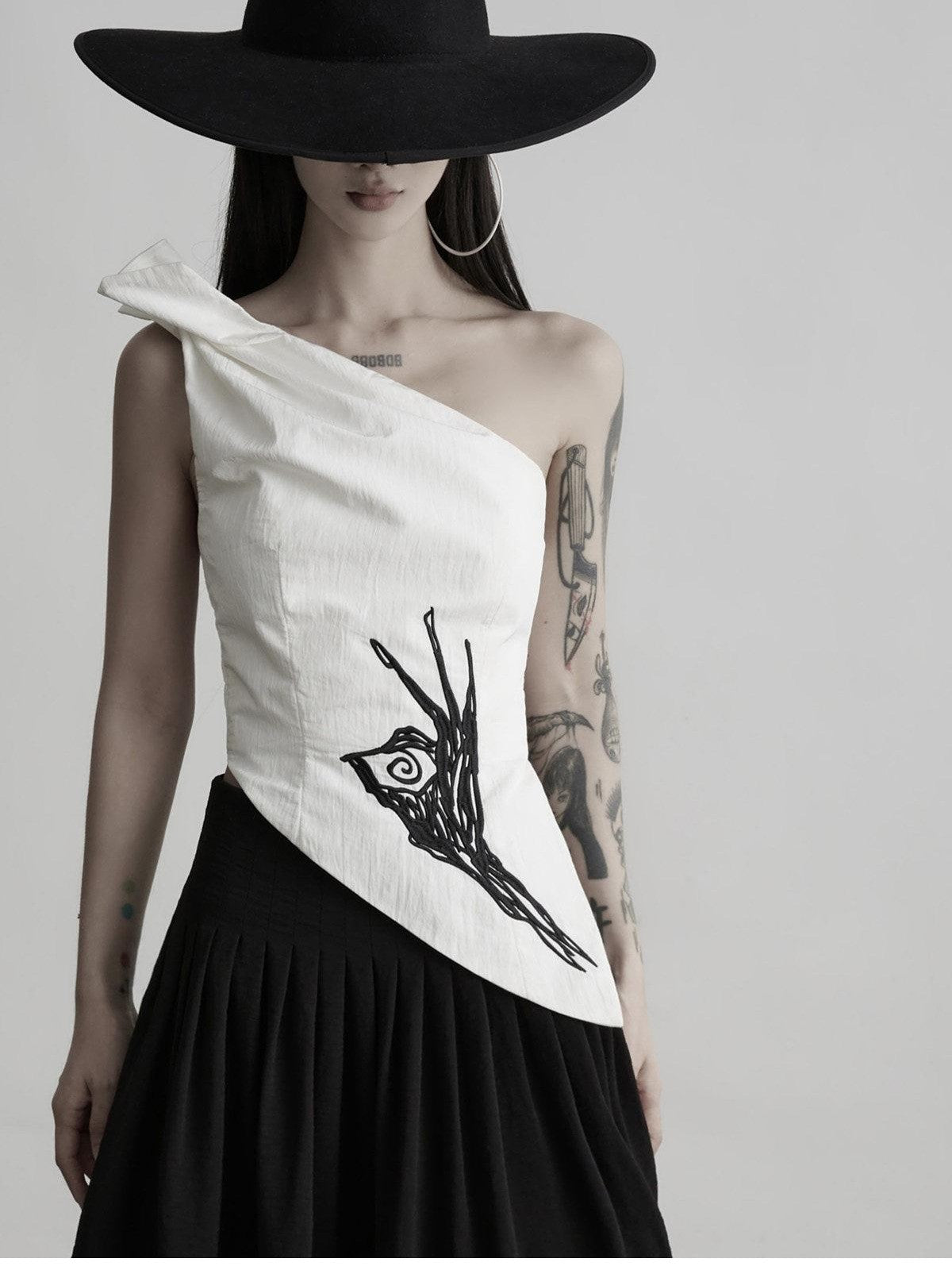 INDULGE White Embroidered One Shoulder Asymmetric Hem Women&
