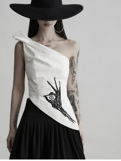 INDULGE White Embroidered One Shoulder Asymmetric Hem Women&