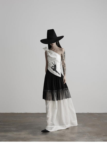 INDULGE White Embroidered One Shoulder Asymmetric Hem Women&