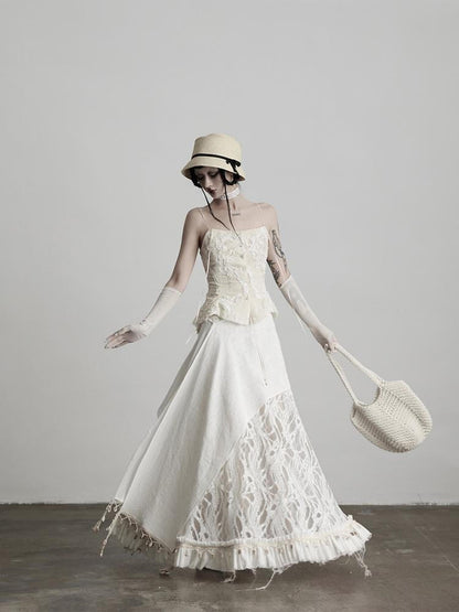 INDULGE White Lace Embroidered Velvet Floral Slim Fit Women&