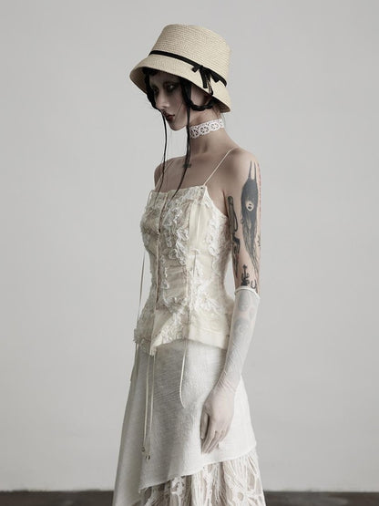 INDULGE White Lace Embroidered Velvet Floral Slim Fit Women&