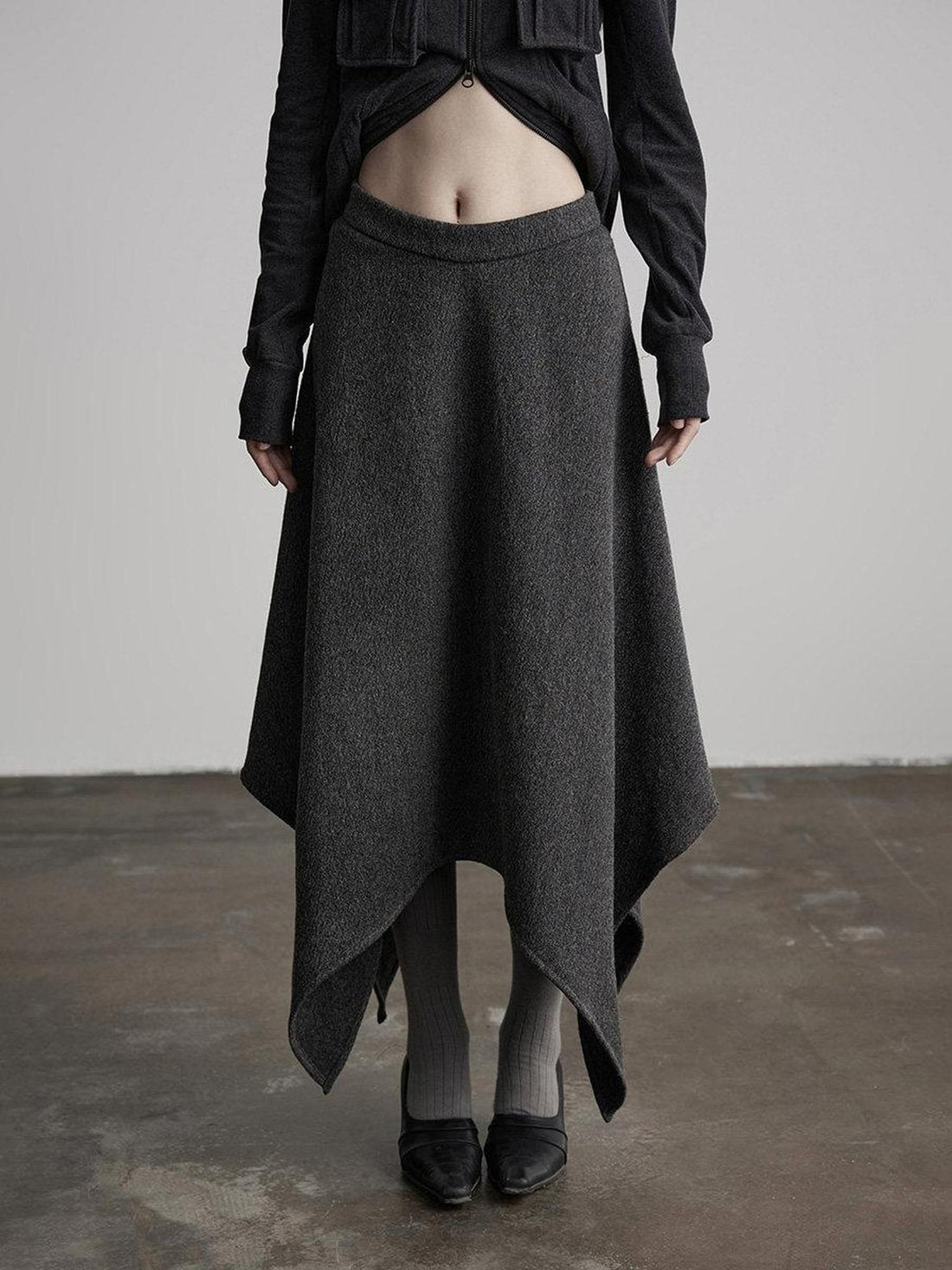 INDULGE Wool Blend Asymmetrical A Line Mid Waist Office Women Dark Gray Midi Skirts