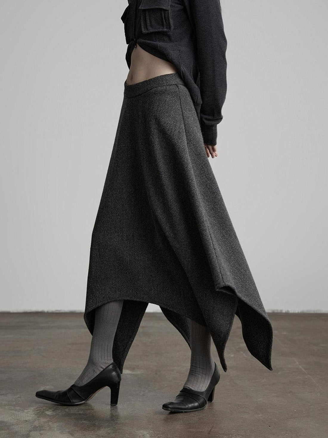INDULGE Wool Blend Asymmetrical A Line Mid Waist Office Women Dark Gray Midi Skirts