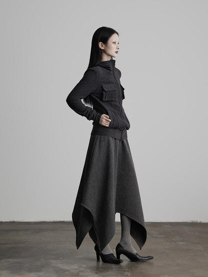 INDULGE Wool Blend Asymmetrical A Line Mid Waist Office Women Dark Gray Midi Skirts