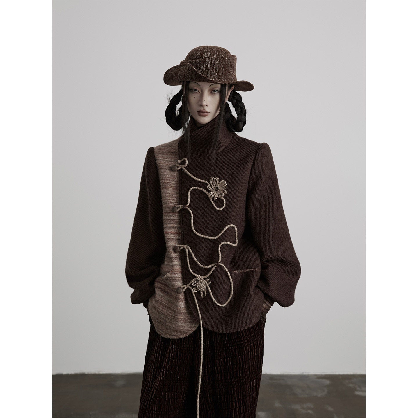 INDULGE Wool Blend Loose Fit Stand Collar Cord Embroidery Women Brown Casual Jackets