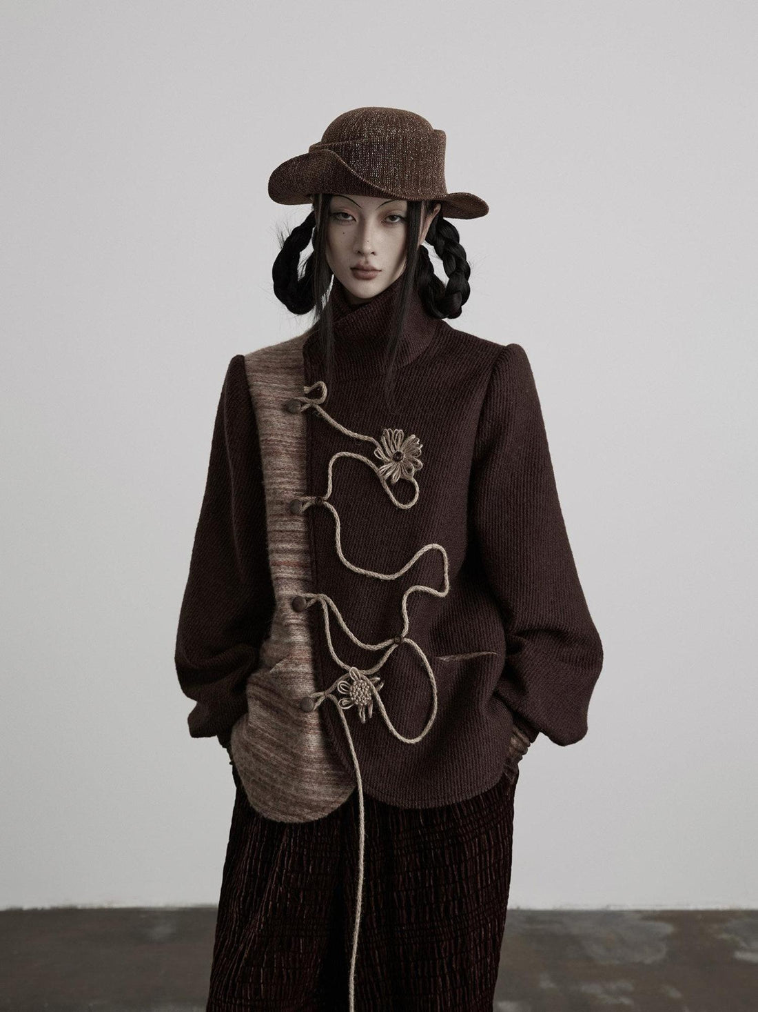 INDULGE Wool Blend Loose Fit Stand Collar Cord Embroidery Women Brown Casual Jackets