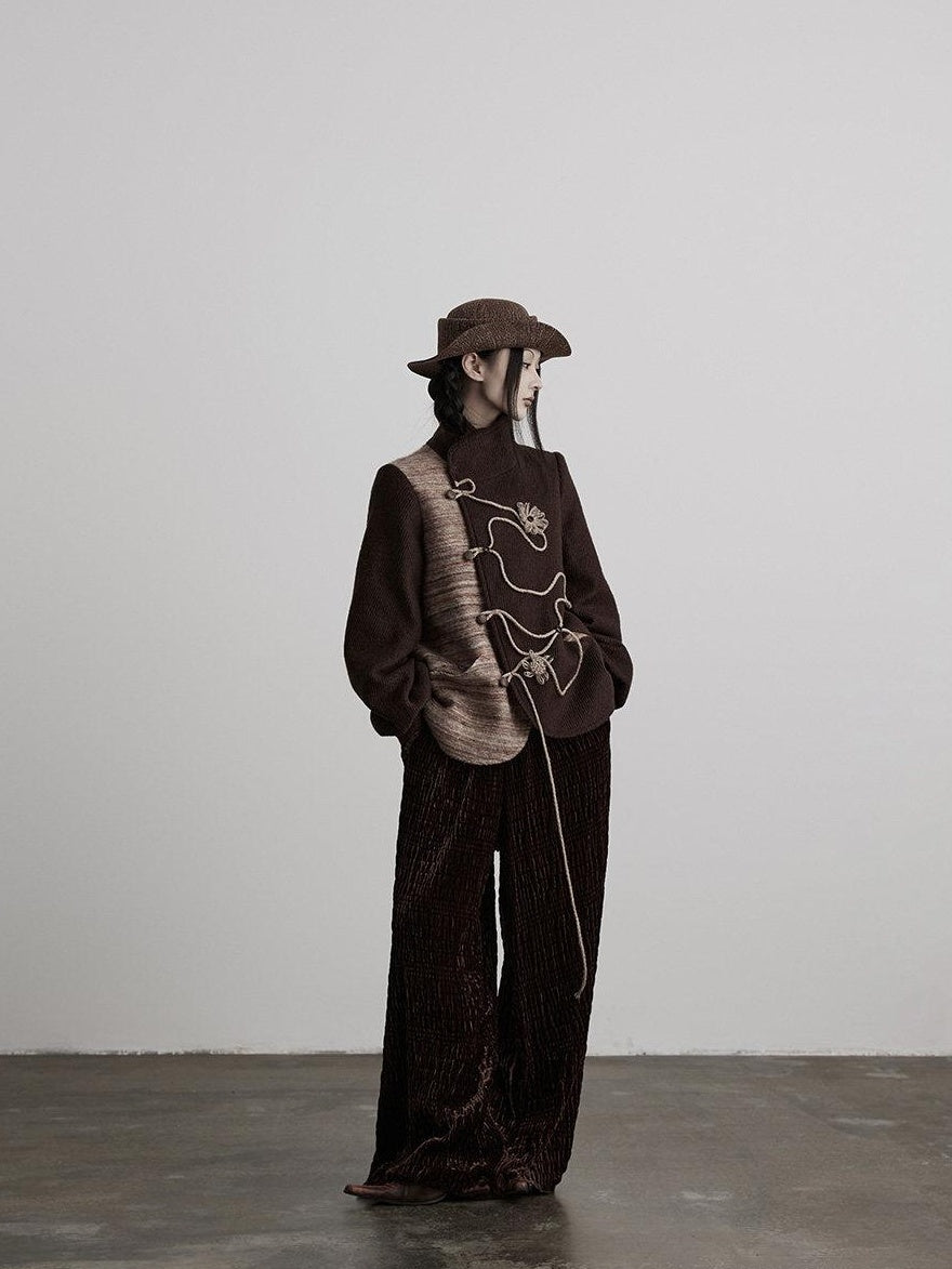 INDULGE Wool Blend Loose Fit Stand Collar Cord Embroidery Women Brown Casual Jackets