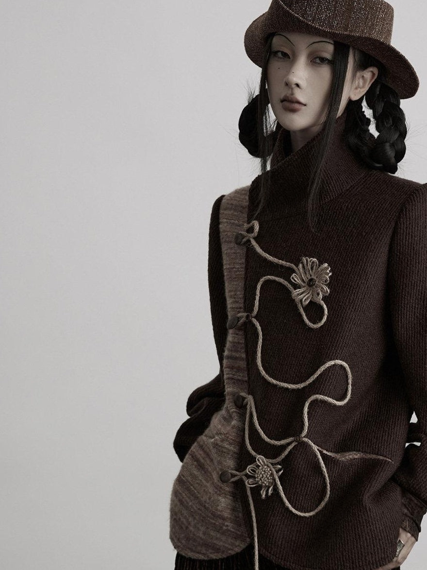 INDULGE Wool Blend Loose Fit Stand Collar Cord Embroidery Women Brown Casual Jackets