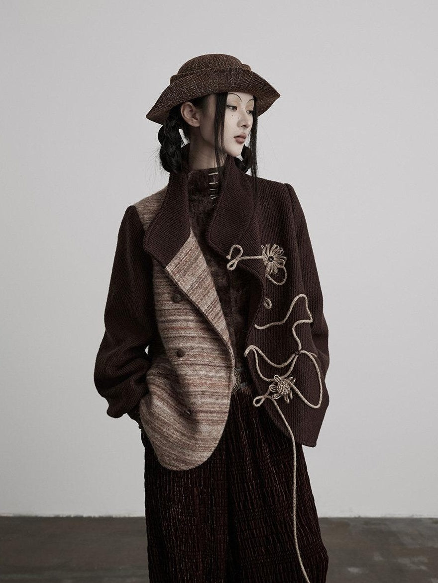 INDULGE Wool Blend Loose Fit Stand Collar Cord Embroidery Women Brown Casual Jackets