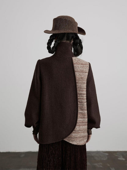 INDULGE Wool Blend Loose Fit Stand Collar Cord Embroidery Women Brown Casual Jackets