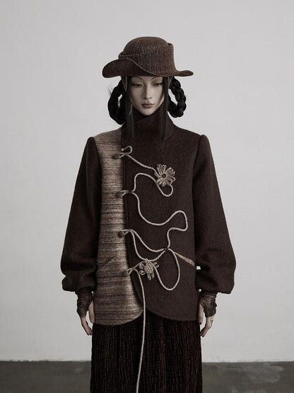 INDULGE Wool Blend Loose Fit Stand Collar Cord Embroidery Women Brown Casual Jackets