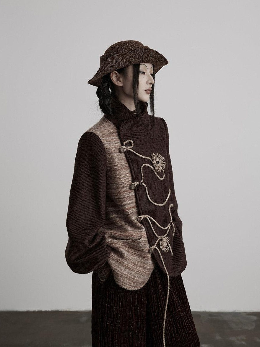 INDULGE Wool Blend Loose Fit Stand Collar Cord Embroidery Women Brown Casual Jackets