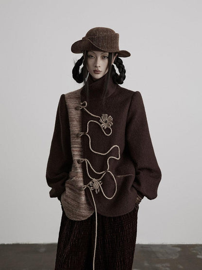 INDULGE Wool Blend Loose Fit Stand Collar Cord Embroidery Women Brown Casual Jackets